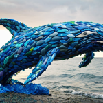 **A vibrant sculpture made entirely of recycled plastic bottles, shaped like a whale breaching the ocean surface. The background should depict a polluted ocean scene with plastic debris, emphasizing the impact of plastic waste on marine life.**