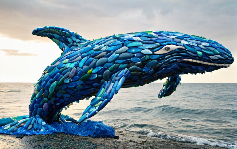 **A vibrant sculpture made entirely of recycled plastic bottles, shaped like a whale breaching the ocean surface. The background should depict a polluted ocean scene with plastic debris, emphasizing the impact of plastic waste on marine life.**